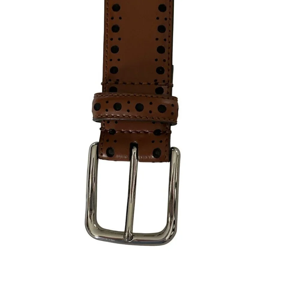 Cole Haan Brown Leather Belt With Black Dot Pattern & Silver Buckle
